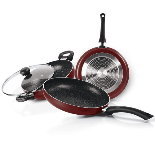 Milton Pro Cook Induction New Granito My Kitchen Set of 3 Tawa 28 cm, Fry Pan 24 cm/1.6 LTR & Kadhai 24 cm/2.5 LTR, Glass Lid), Dishwasher Safe, Induction